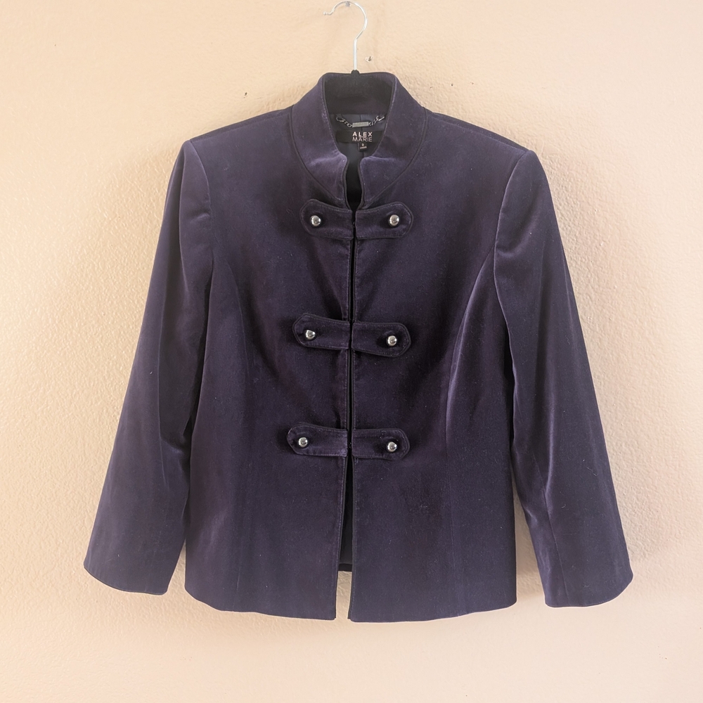 Alex Marie Deep Purple Velvet Military Jacket Mandarin Collar Frog Toggle Blazer